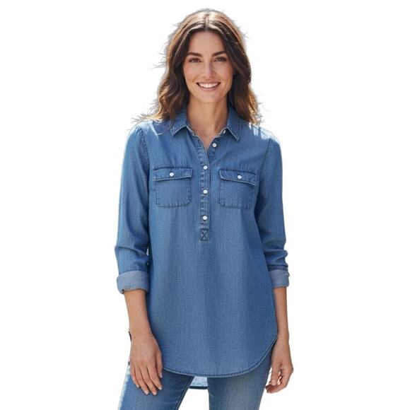 a new day Tops - A New Day Women's 1/4 Button Popover Shirt XS Chambray Blue Long Sleeve Top